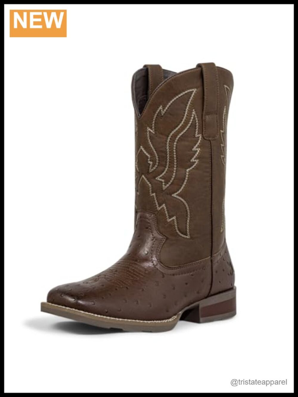 Ostrich-Patterned Vegan Leather Western Cowboy Boots Square Toe Wide Fit